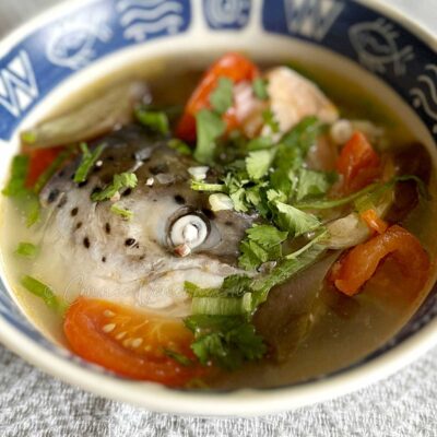 Salmon head soup with lemongrass and ginger
