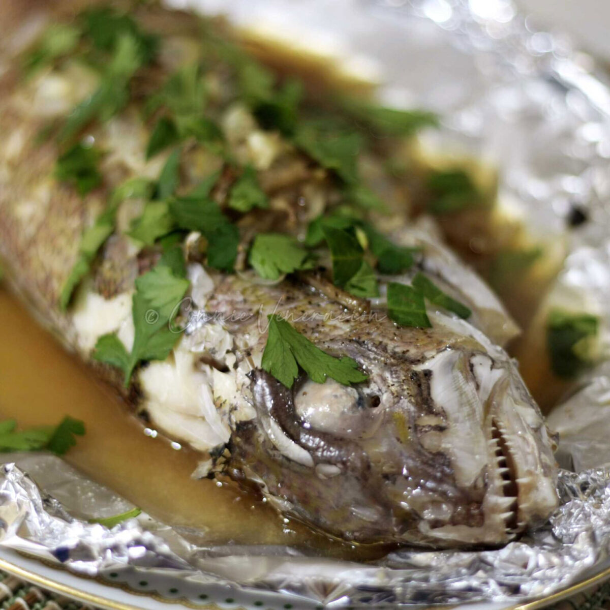 Baked whole fish with oyster sauce
