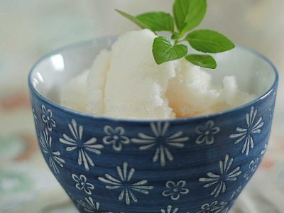 Coconut lychee sorbet garnished with a sprig of mint