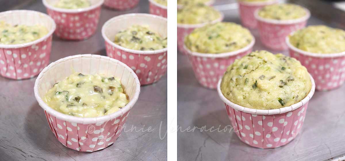 Green onion and feta muffins before and after baking