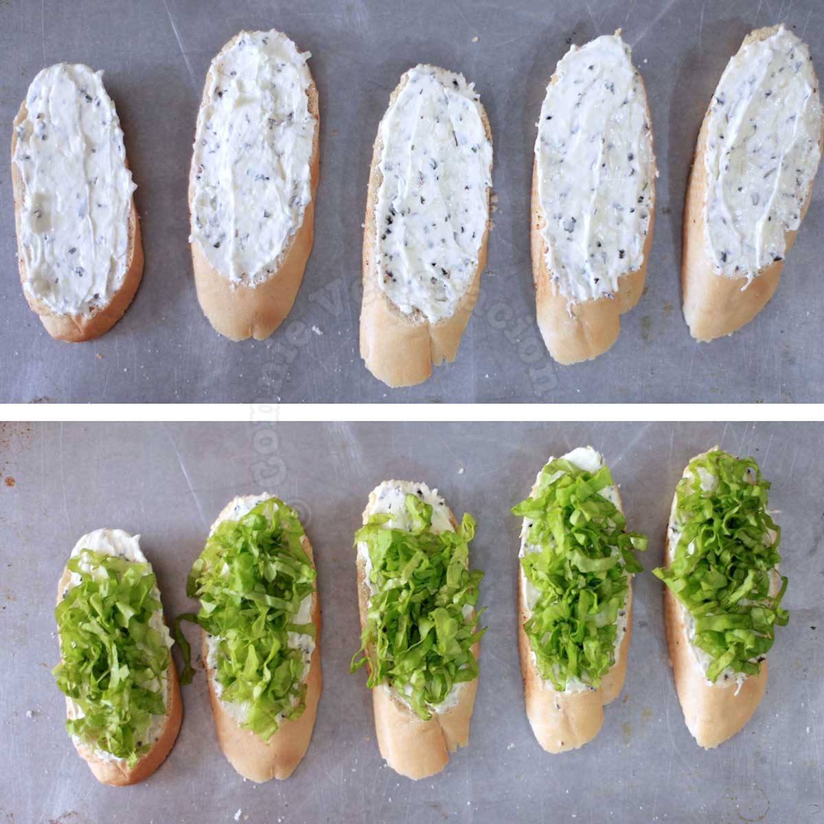 Baguette slices spread with cream cheese and topped with lettuce