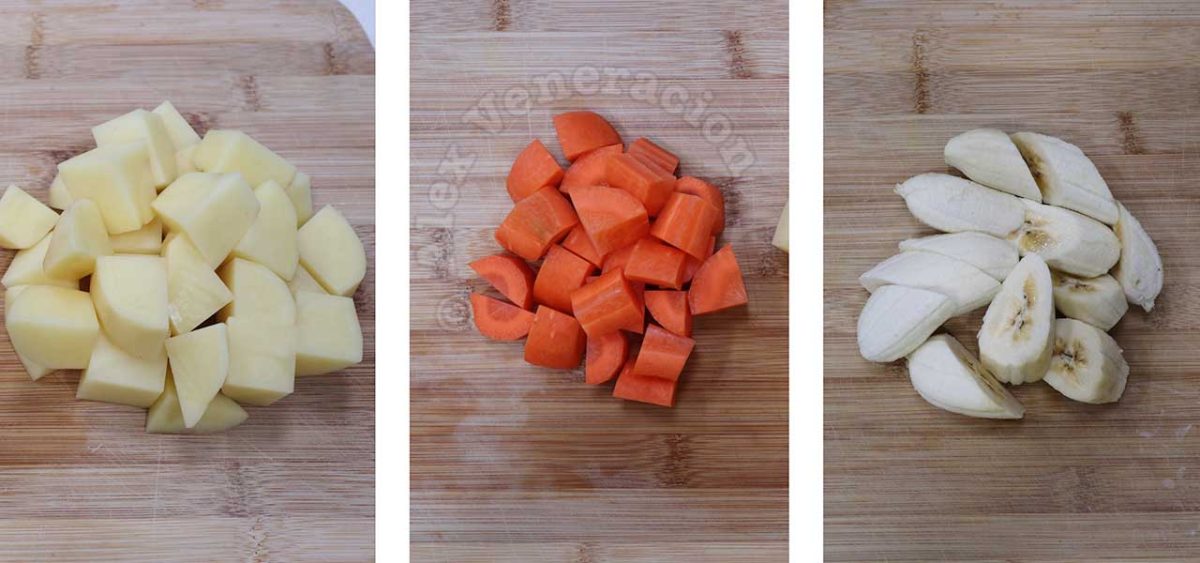 Diced potatoes, carrots and saba bananas