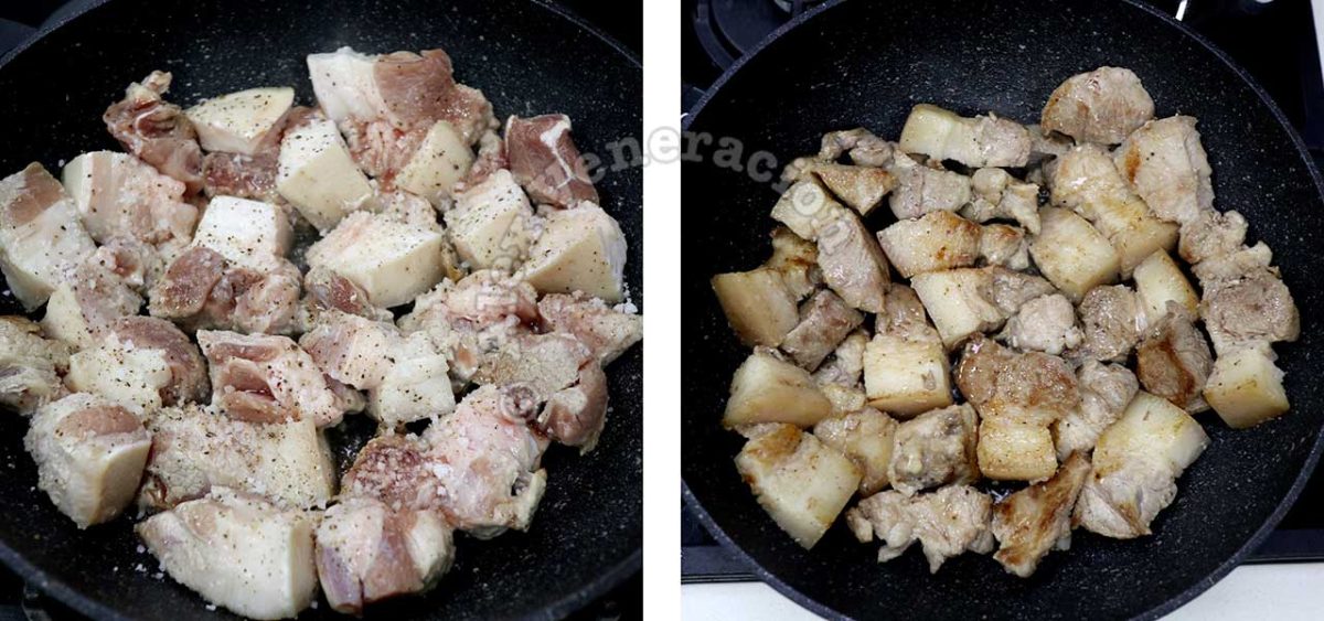 Browning pork cubes in oil