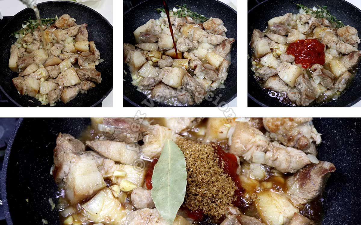 Adding soy sauce, vinegar, brown sugar and bay leaf to browned pork in pan