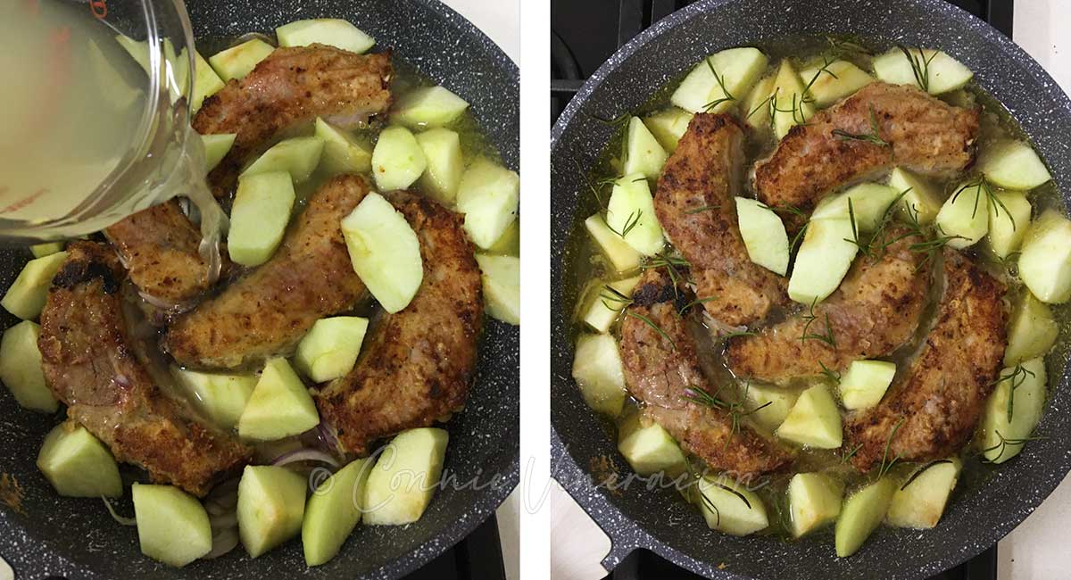 Pouring ginger sauce into pan with pork and apples, and sprinkling in fresh rosemary