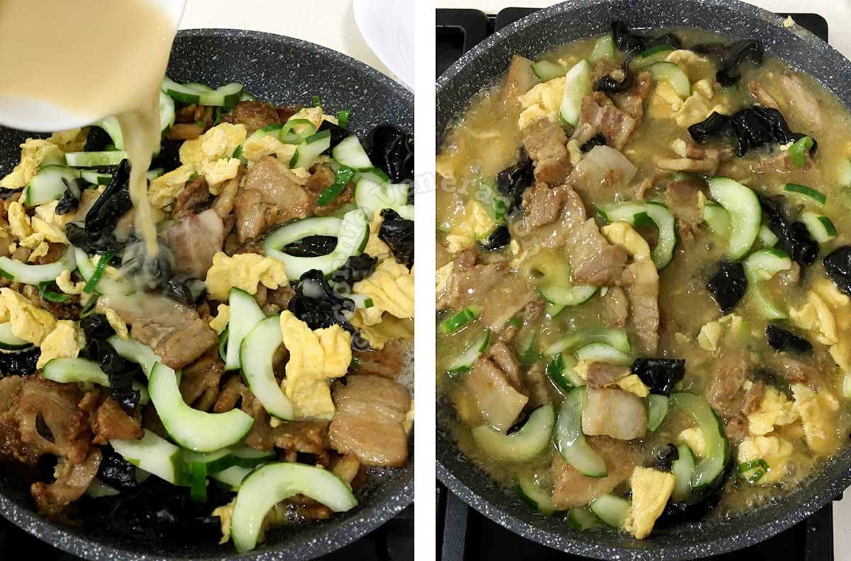 Pouring sauce into pan with pork, wood ears, cucumber and egg