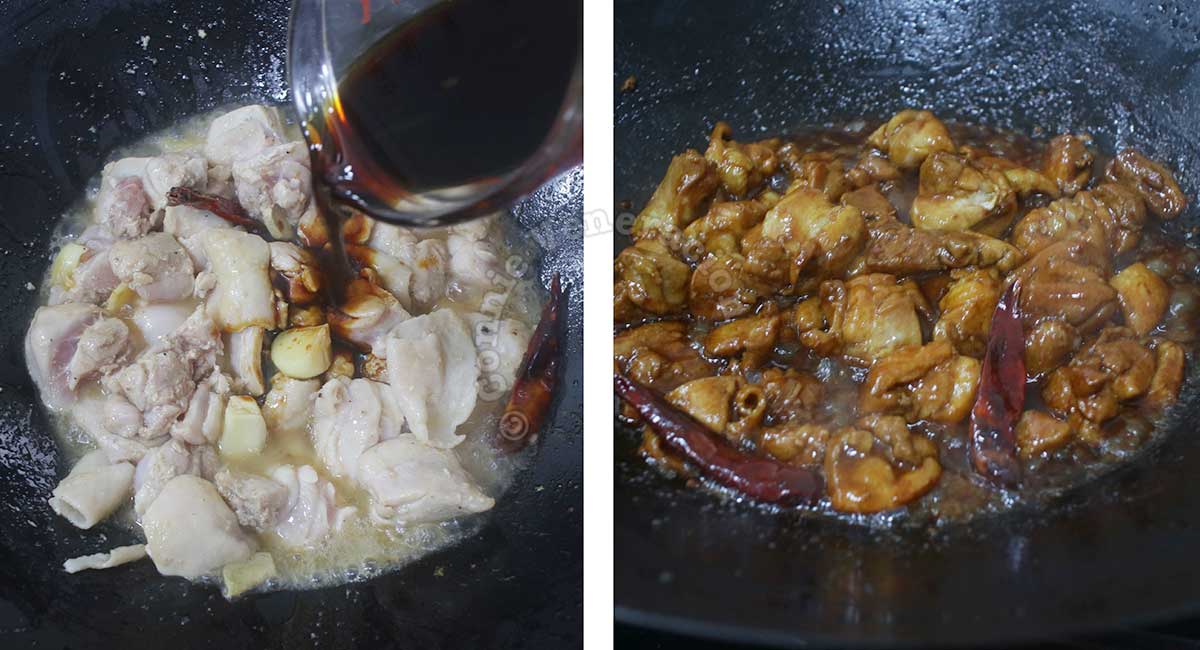 Pouring soy sauce and Shaoxing rice wine into pan with chicken