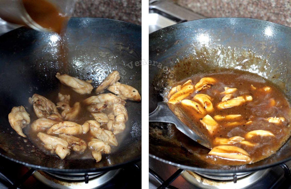 Adding sauce to stir fried chicken in carbon steel wok