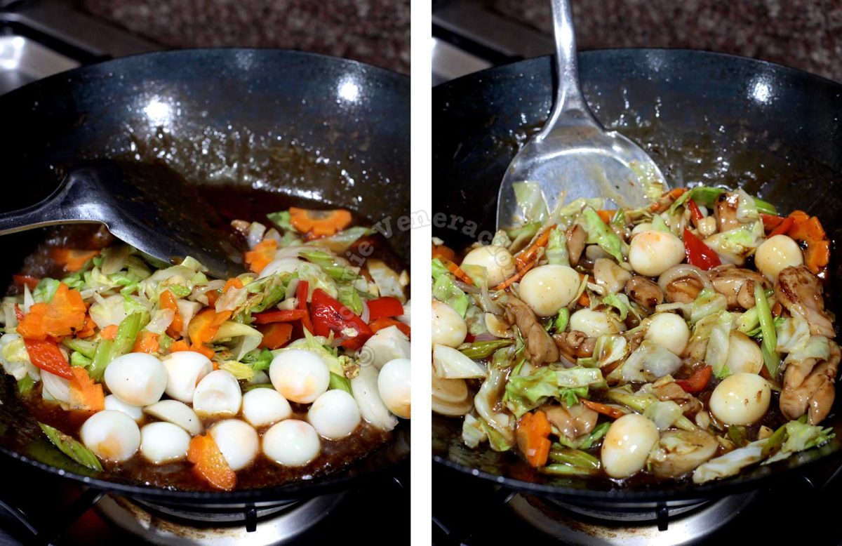 Adding stir fried vegetables to chicken in wok