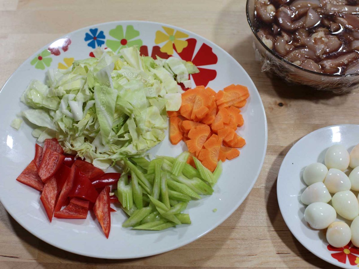 Vegetables and quail eggs ready for stir frying