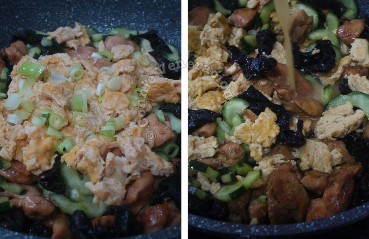 Adding sauce to moo shu chicken in pan