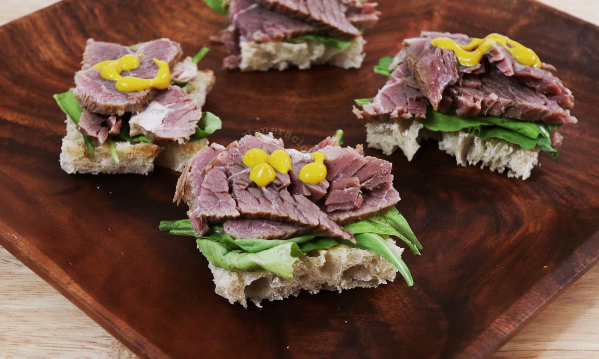 Open-faced sandwiches with homemade slow cooker corned beef