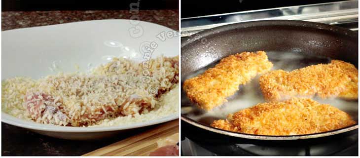 Rolling chicken fillets in panko and frying