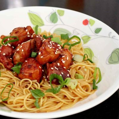 Chicken teriyaki served with noodles in bowl