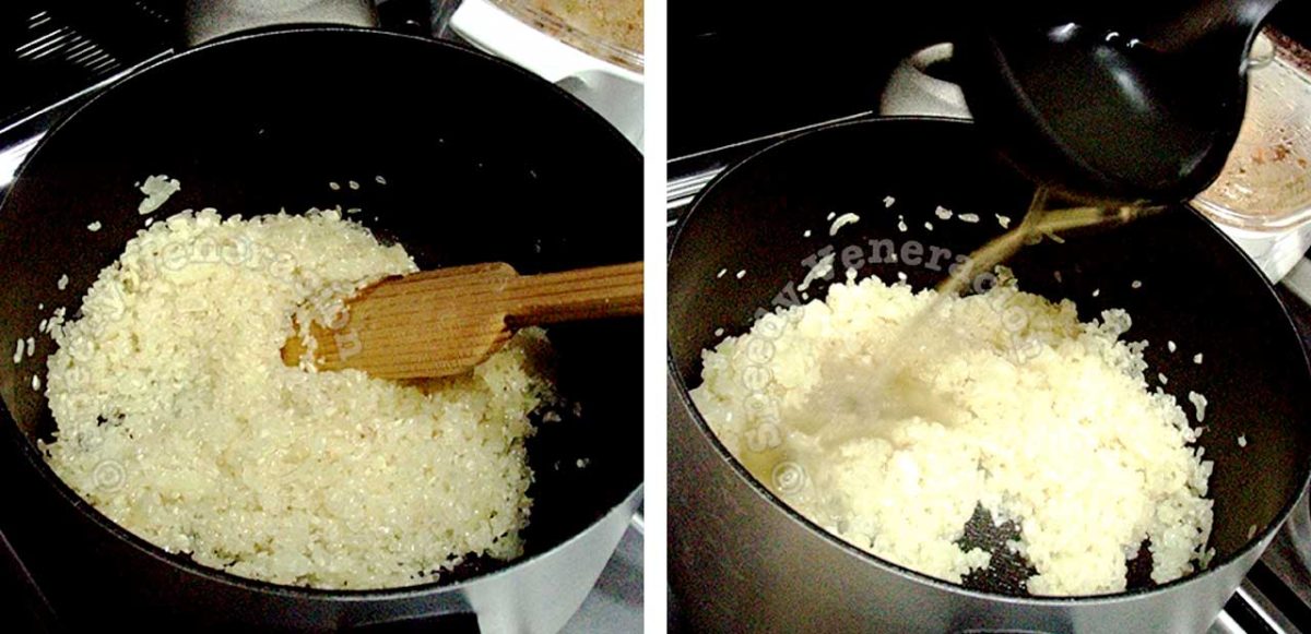 Cooking risotto: ladle broth into the rice and wait for the liquid to get soaked up before adding more