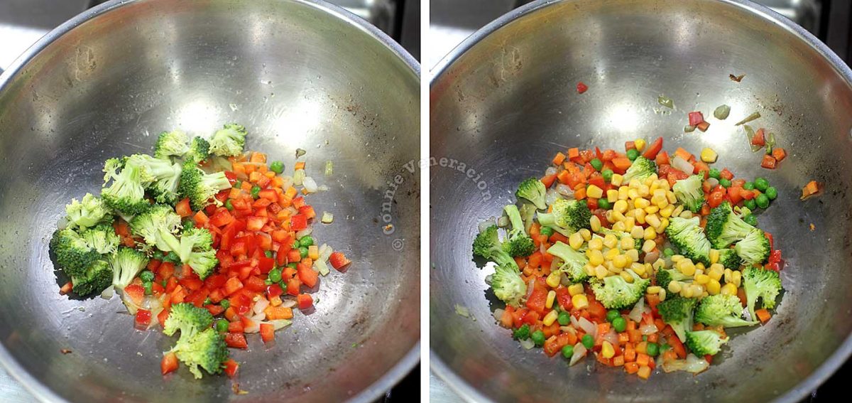 Sauteeing bell peppers, broccoli and corn