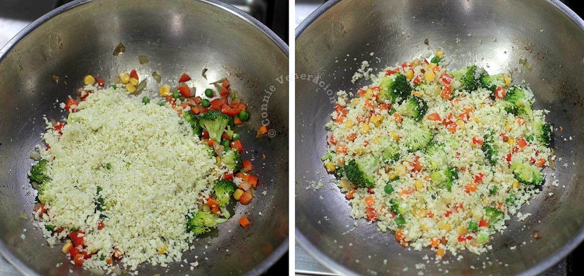 Cooking cauliflower "fried rice" in a wok