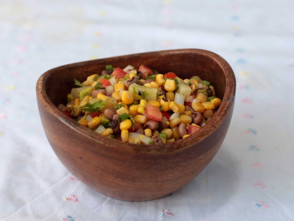 Corn and Bean Salad in Wooden Bowl