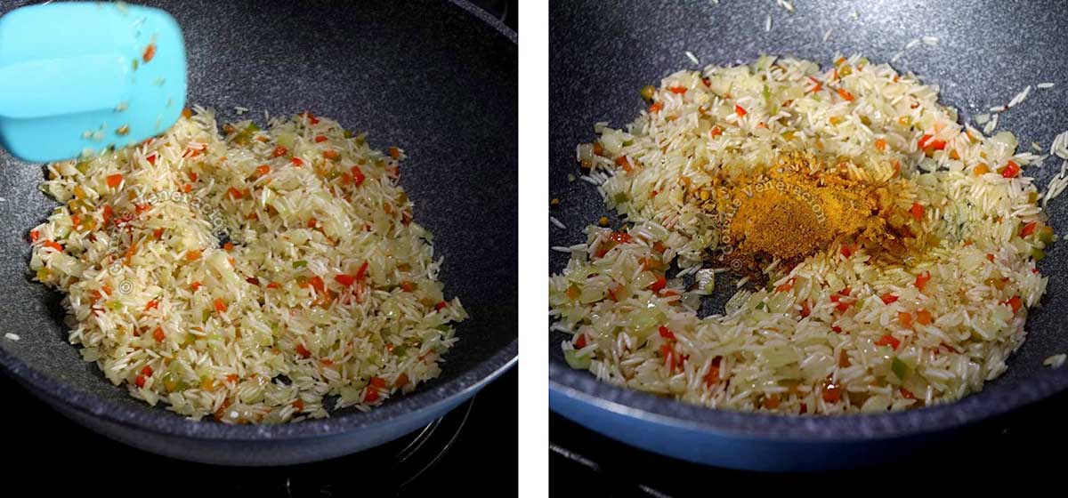 Tossing rice in oil with herbs and spices