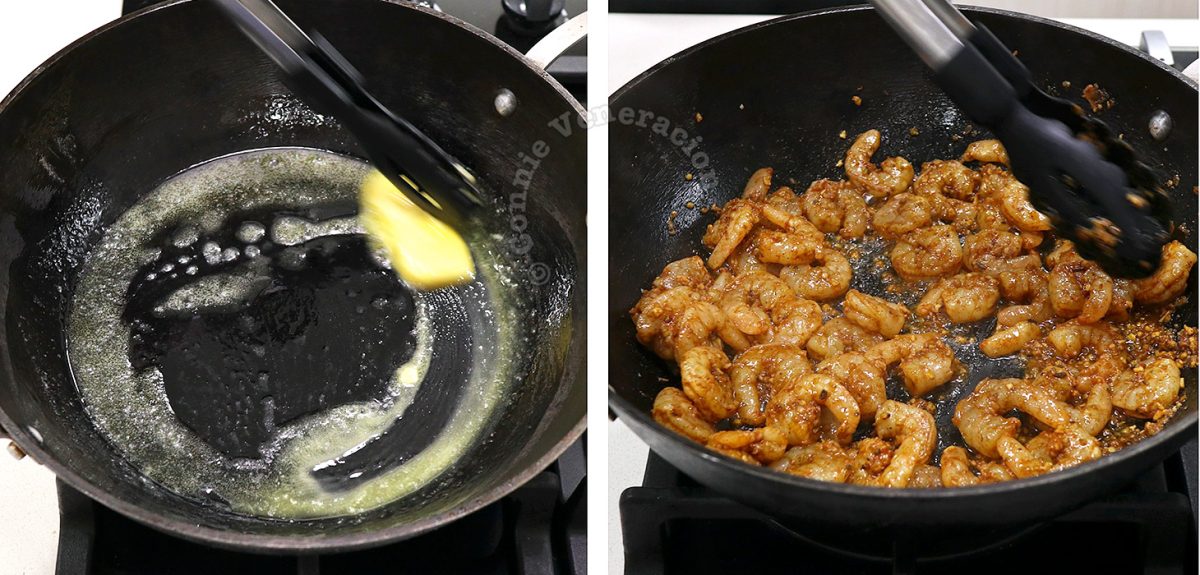 Frying Cajun shrimps in butter