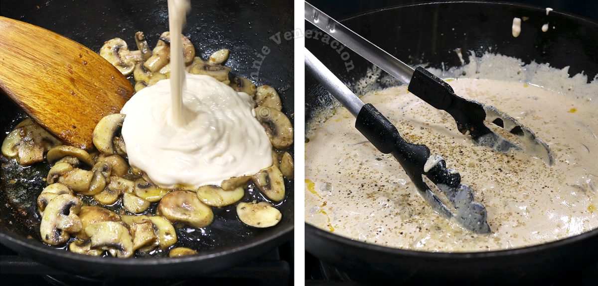 Pouring cream over cooked mushrooms