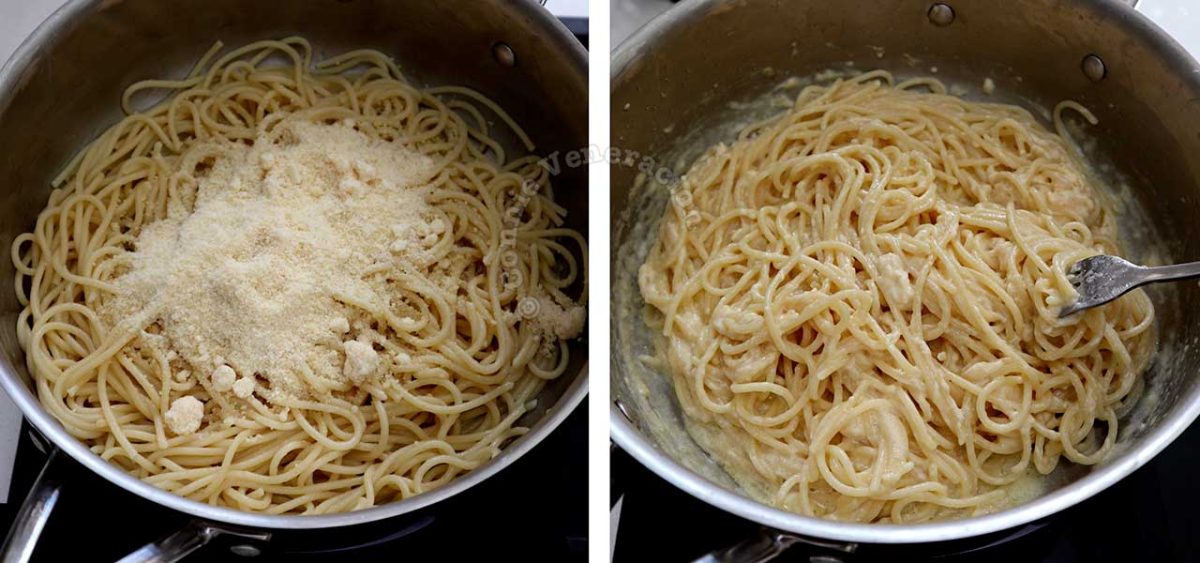Adding grated Parmesan to pasta tossed in butter