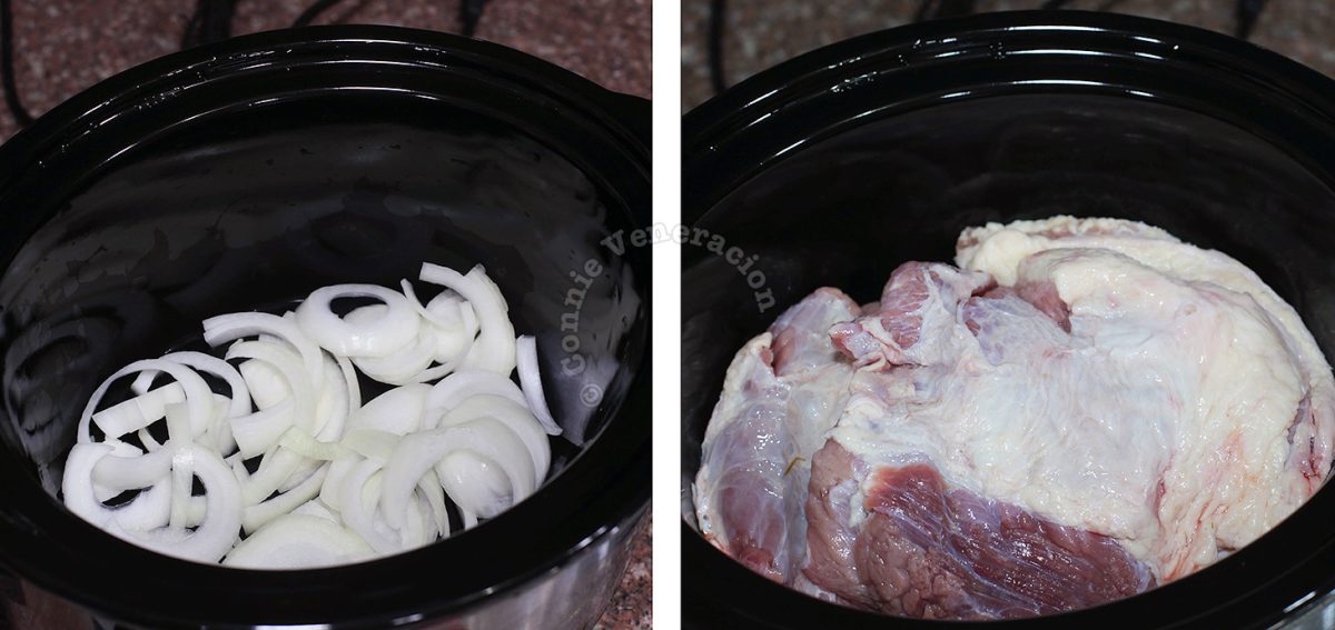 Lining bottom of slow cooker with onion sliced before adding meat to prevent sticking
