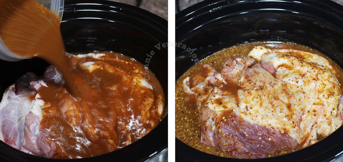 Pouring BBQ sauce over beef brisket in slow cooker