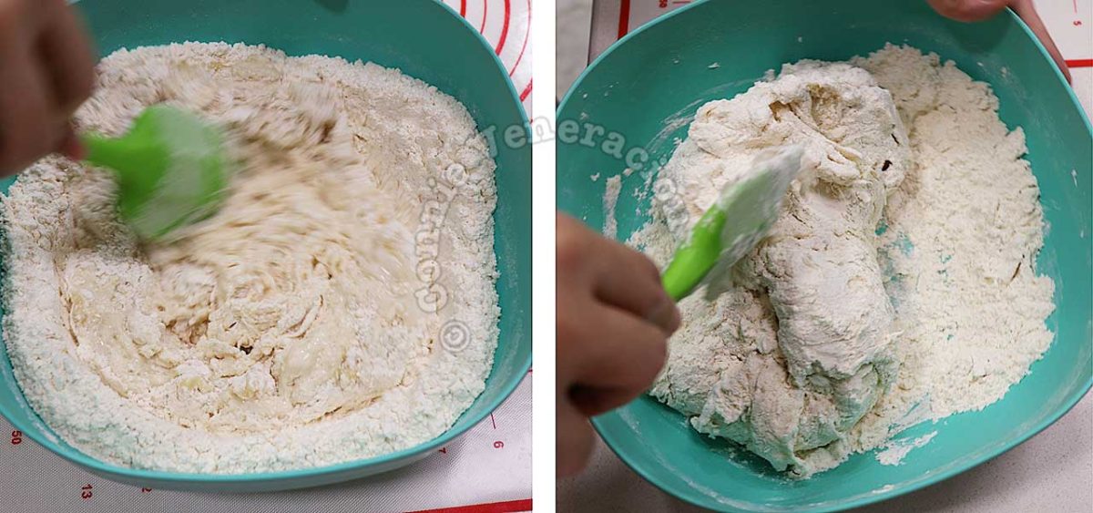 Mixing dry and wet ingredients for bread dough