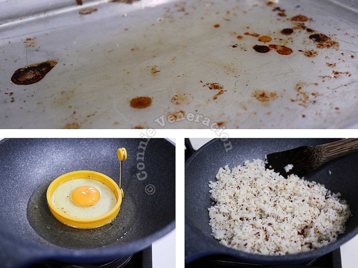 Frying egg and cooking fried rice with bacon fat