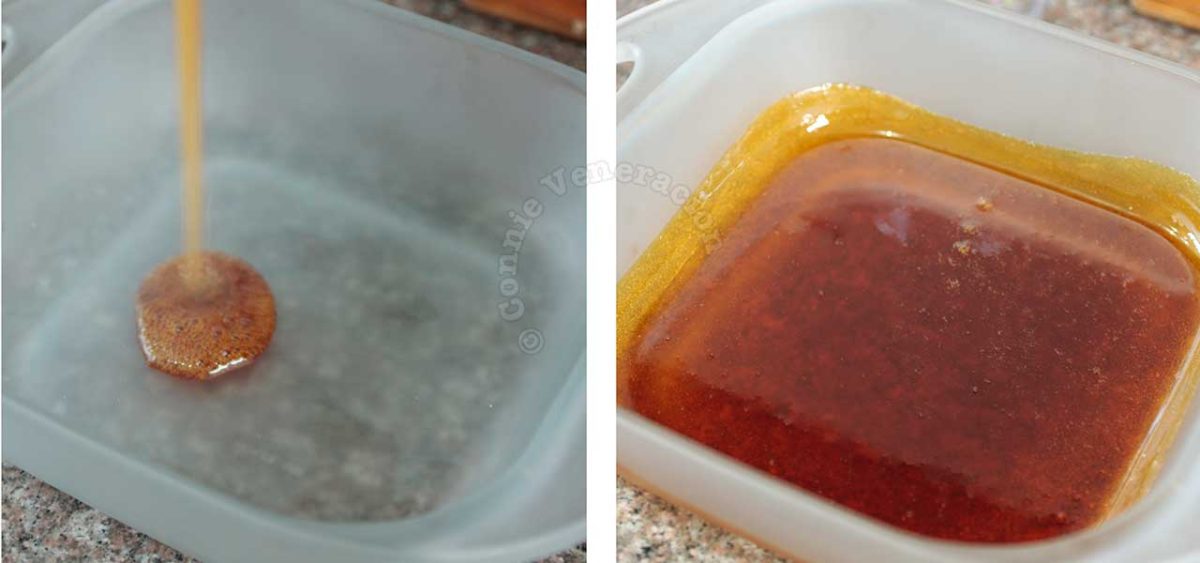 POuring caramelized sugar into baking pan