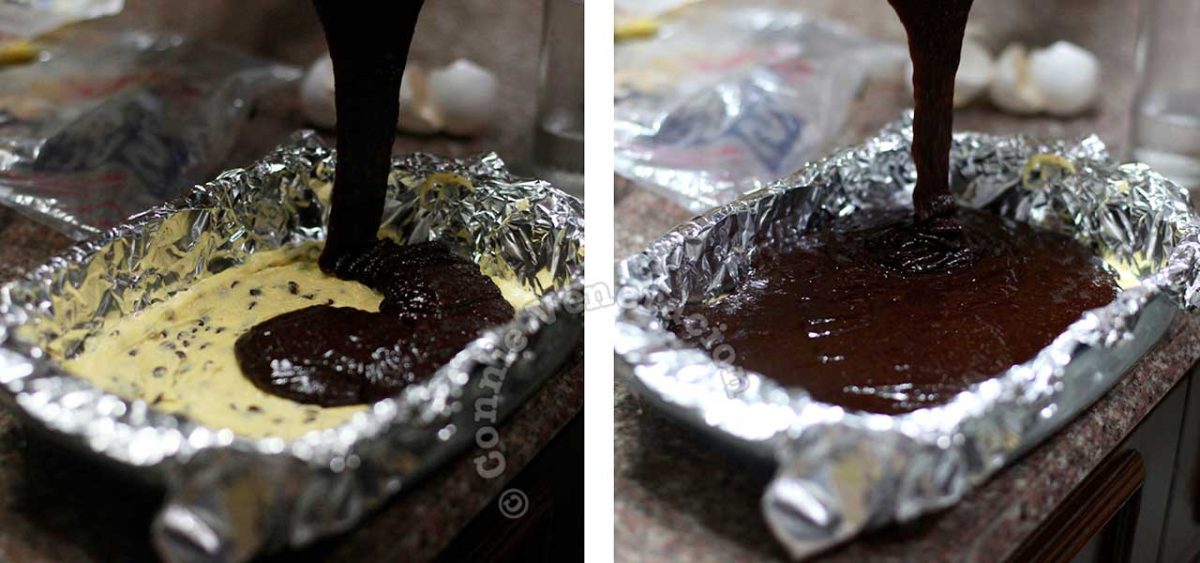 Pouring brownie mix over chocolate cookie dough in pan