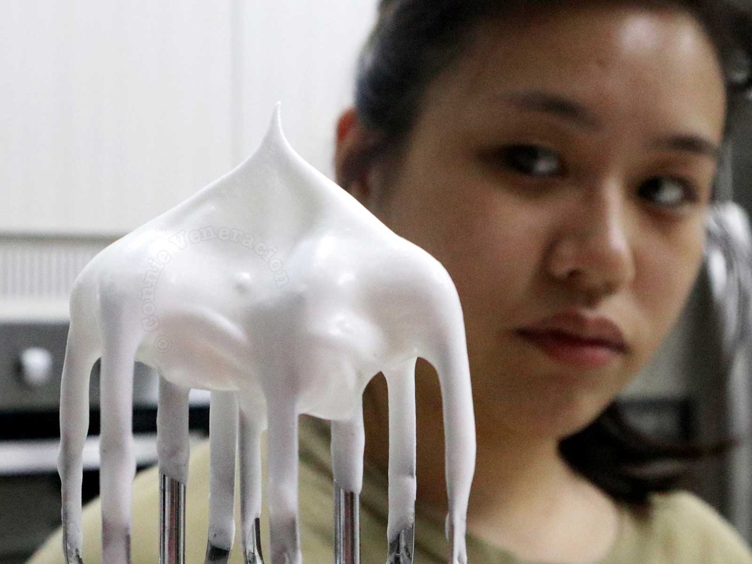 Beating egg whites frothy to stiff peaks, illustrated