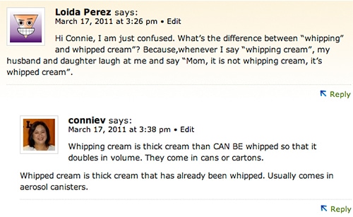 Screenshot of comment thread with reader asking about whipping cream