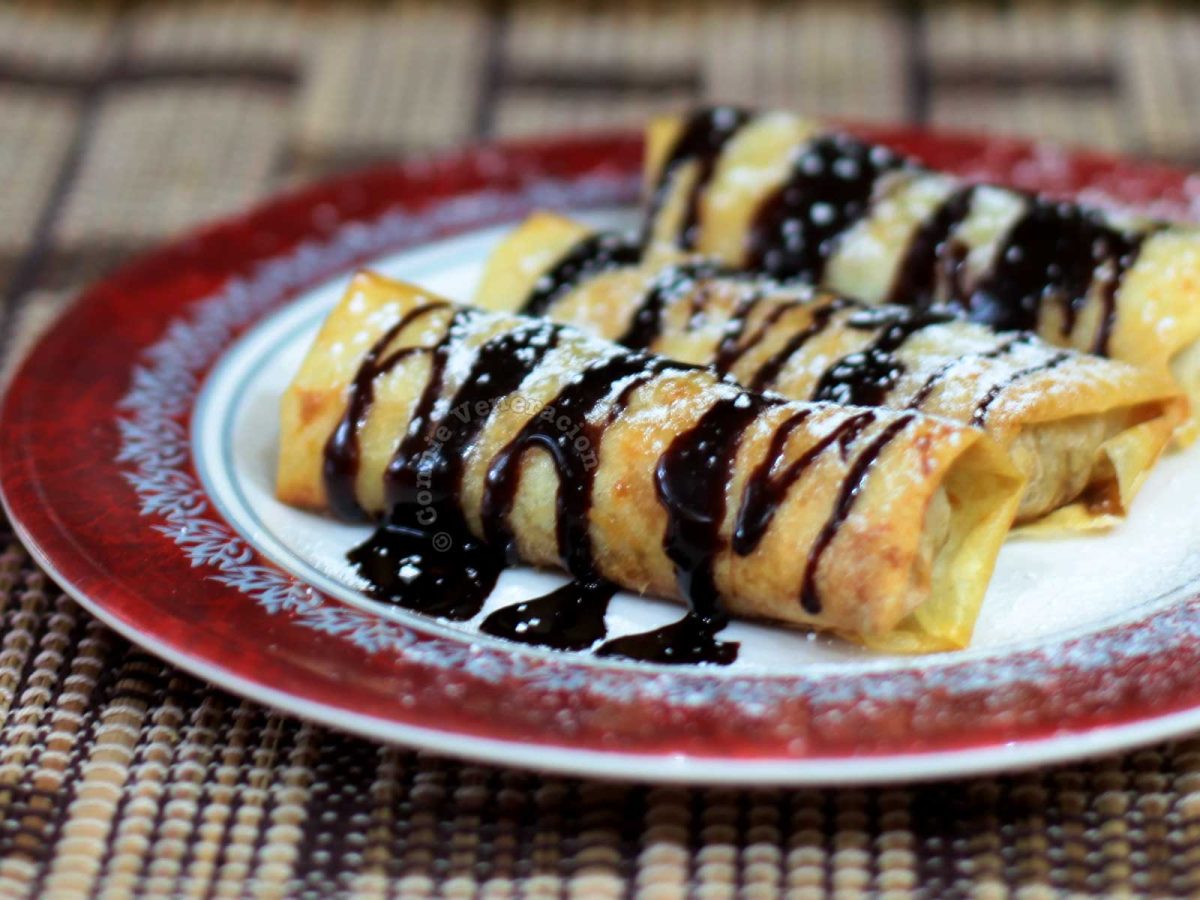 Baked Apple Spring Rolls Drizzled with Melted Dark Chocolate