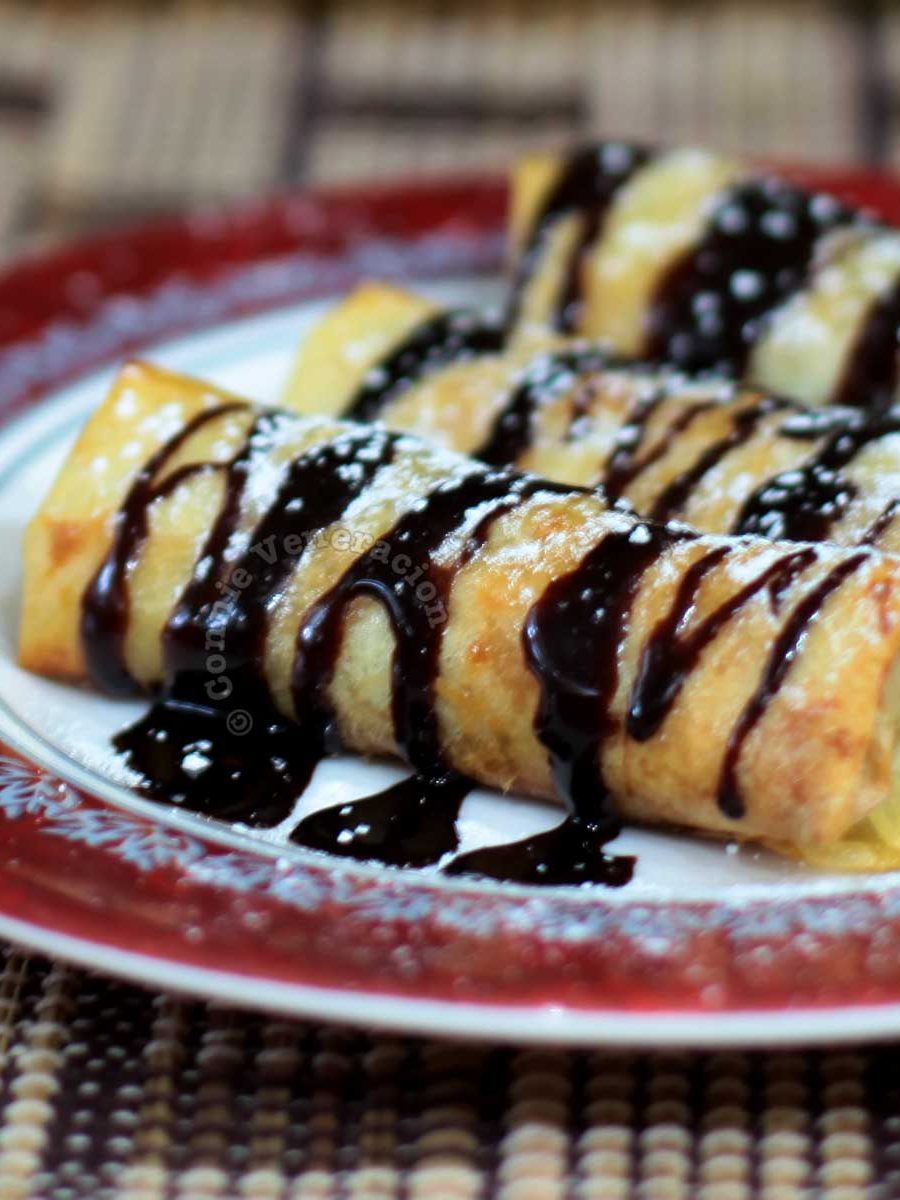 Baked Apple Spring Rolls Drizzled with Melted Dark Chocolate