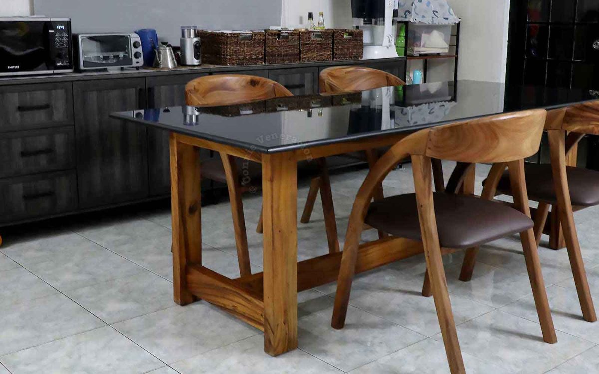 Granite top dining table with solid acacia frame and legs