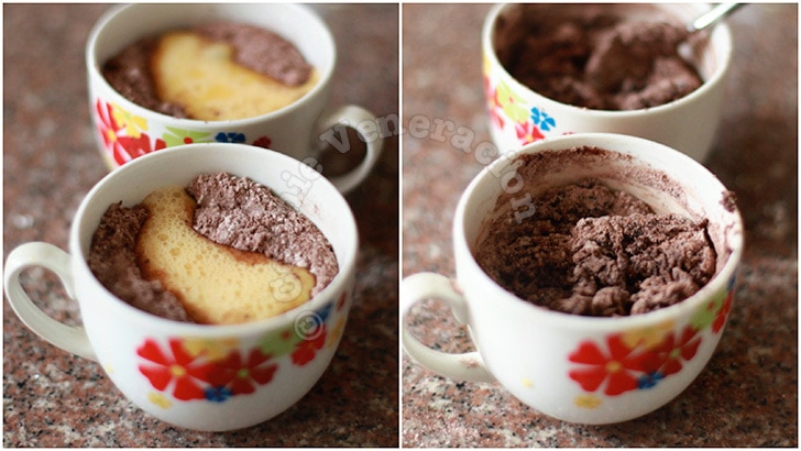 Mixing chocolate cake batter in coffee mugs
