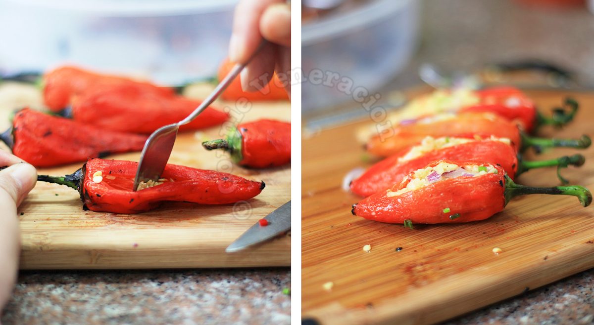Deseeding grilled bell peppers and stuffing them with cheese