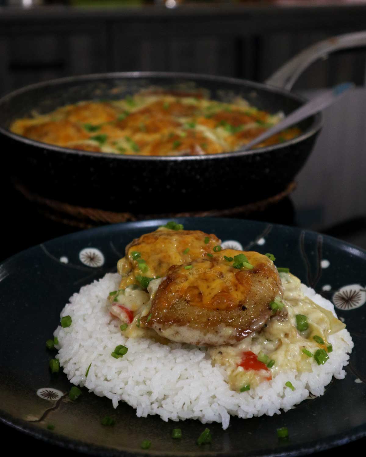 Chicken Bechamel served over rice