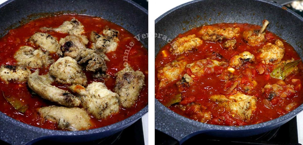Adding pre-fried chicken to tomato sauce in pan