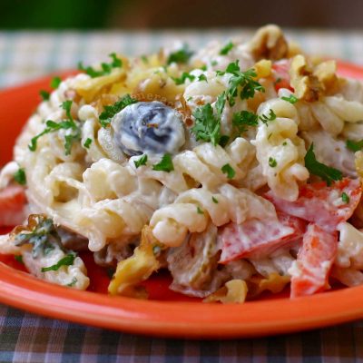 Cheesy Chicken Pasta Salad in Red Plate