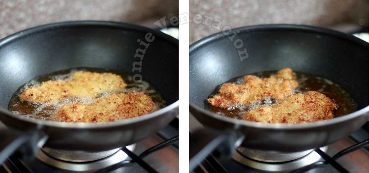 Frying chicken schnitzel in hot oil