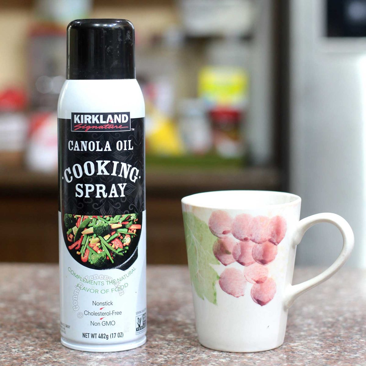 A canister of Kirkland cooking spray