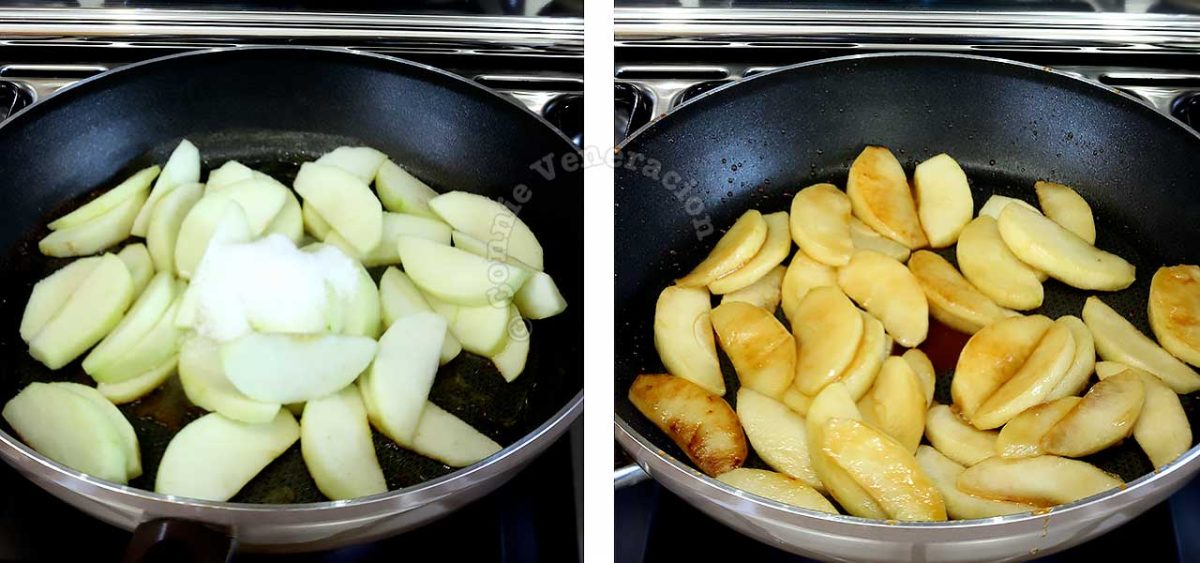 Caramelizing apple wedges with sugar and cinnamon