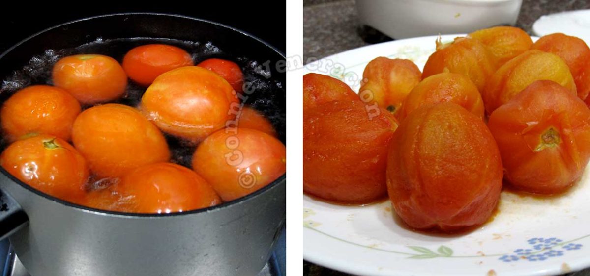 Boiling tomatoes in a pot of water to loosen the skin