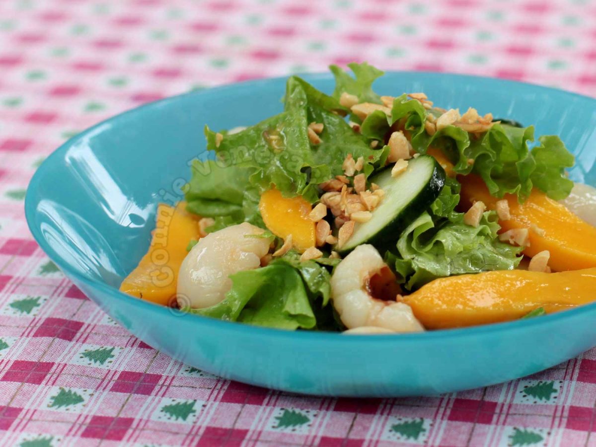 Lychee Mango Salad in Blue Bowl