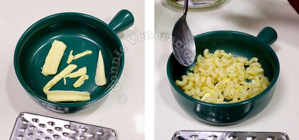 Layering butter, macaroni in baking bowl