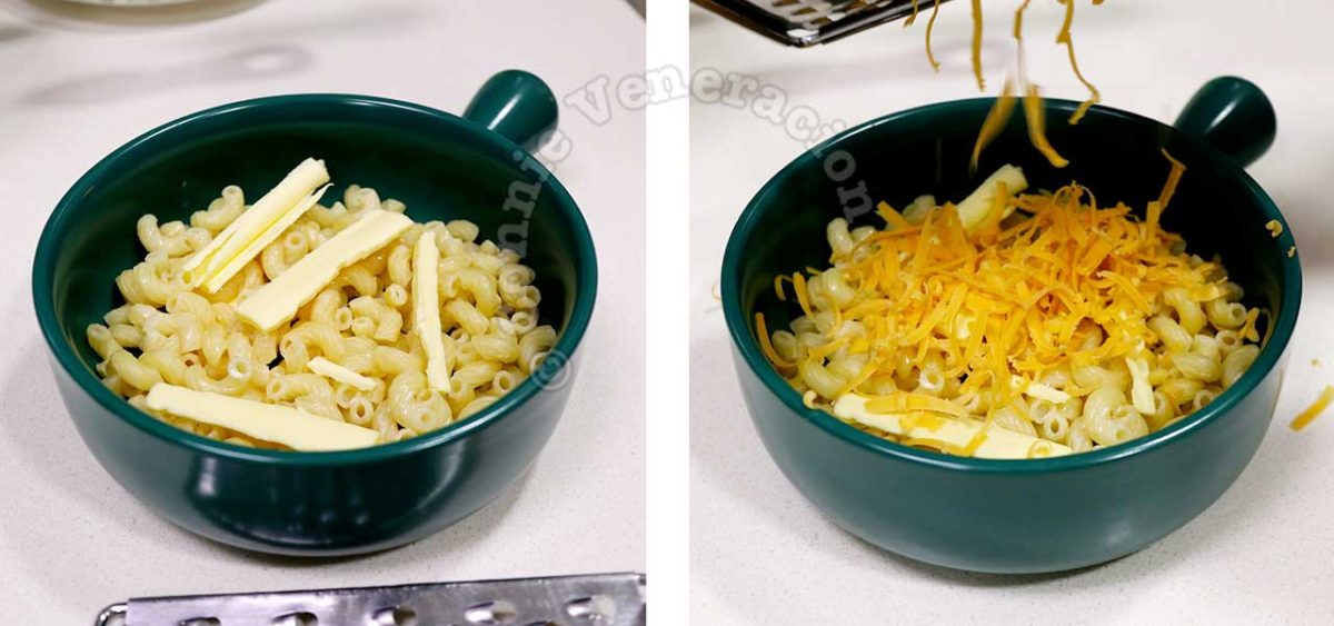 Layering butter, macaroni and shredded cheese in baking bowl
