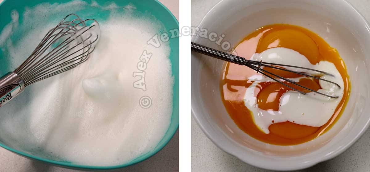 Beating egg whites; stirring cream into egg yolks